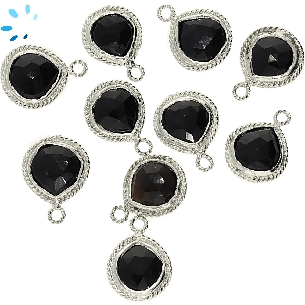Black Onyx Heart Twisted Wire Bezel Charm Pendant 10mm - Platinum Plated Sterling Silver - Set of 4