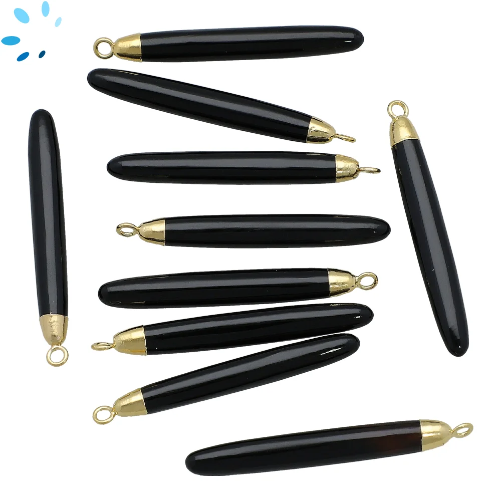 Black Onyx Long Drop Charm Pendant 39x6 - 41x6mm 18k Gold Electroplated - Set of 2