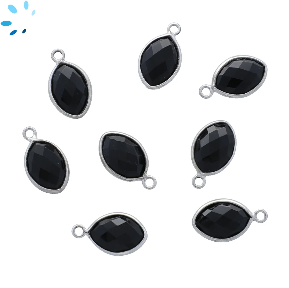Black Onyx Marquise Bezel Charm Pendant 12x8mm - Silver Plated Sterling Silver - Set of 4