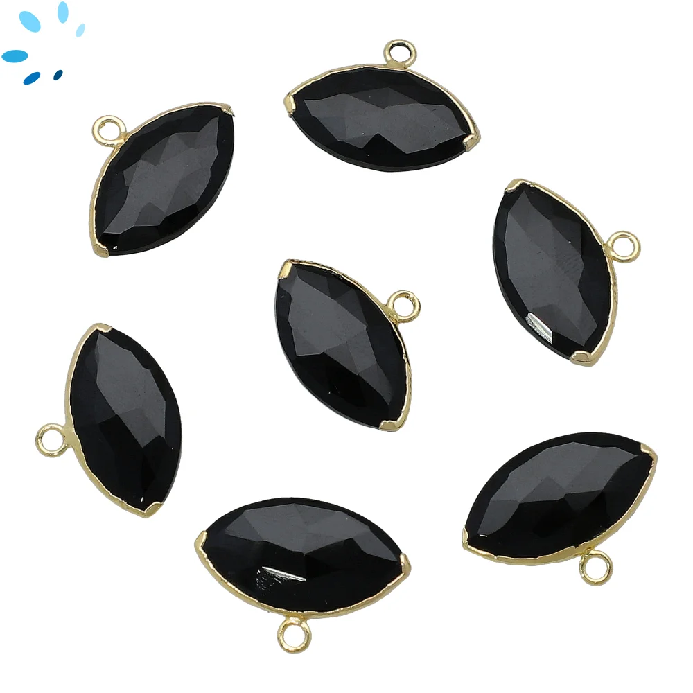 Black Onyx Marquise Charm Pendant 20x11mm 18k Gold Electroplated - Set of 2
