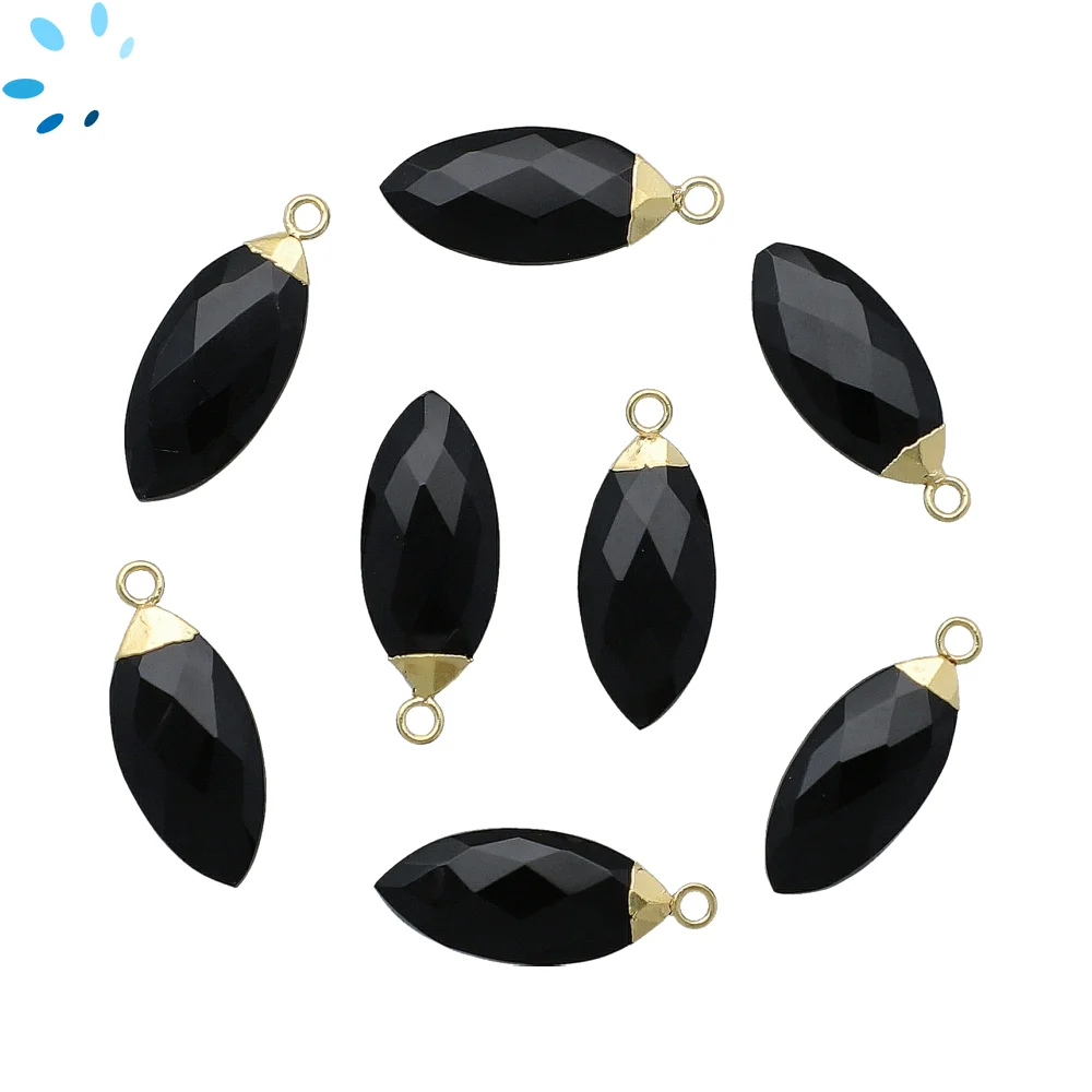 Black Onyx Marquise Pendant Charm 16x7 - 18x8mm 18k Gold Electroplated - Set of 4