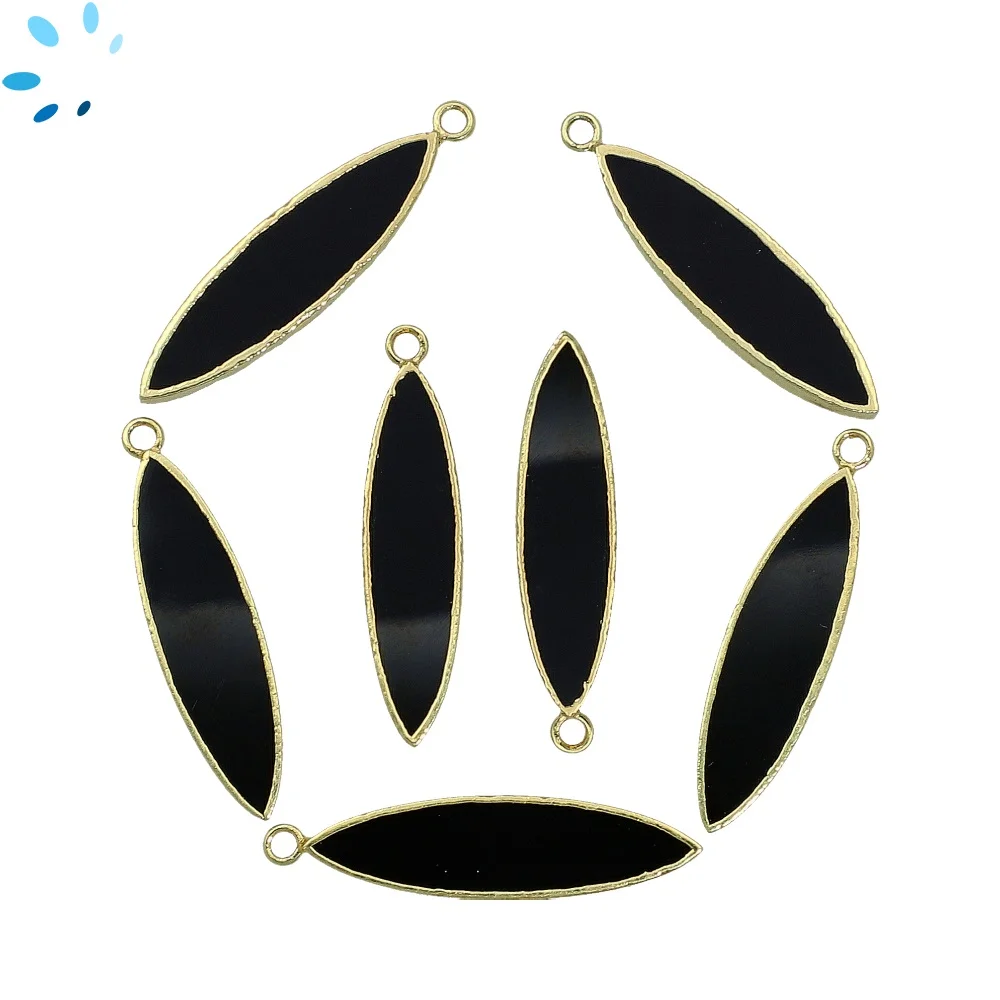 Black Onyx Marquise Pendant Charm 30x7mm 18k Gold Electroplated - Set of 2