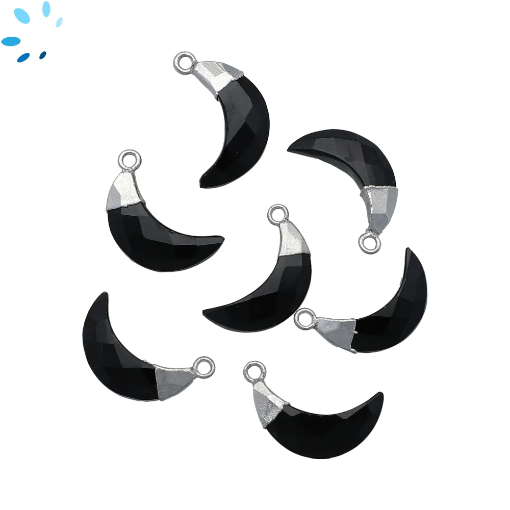 Black Onyx Moon Charm Pendant 13x5 - 15x6mm Silver Electroplated - Set of 4