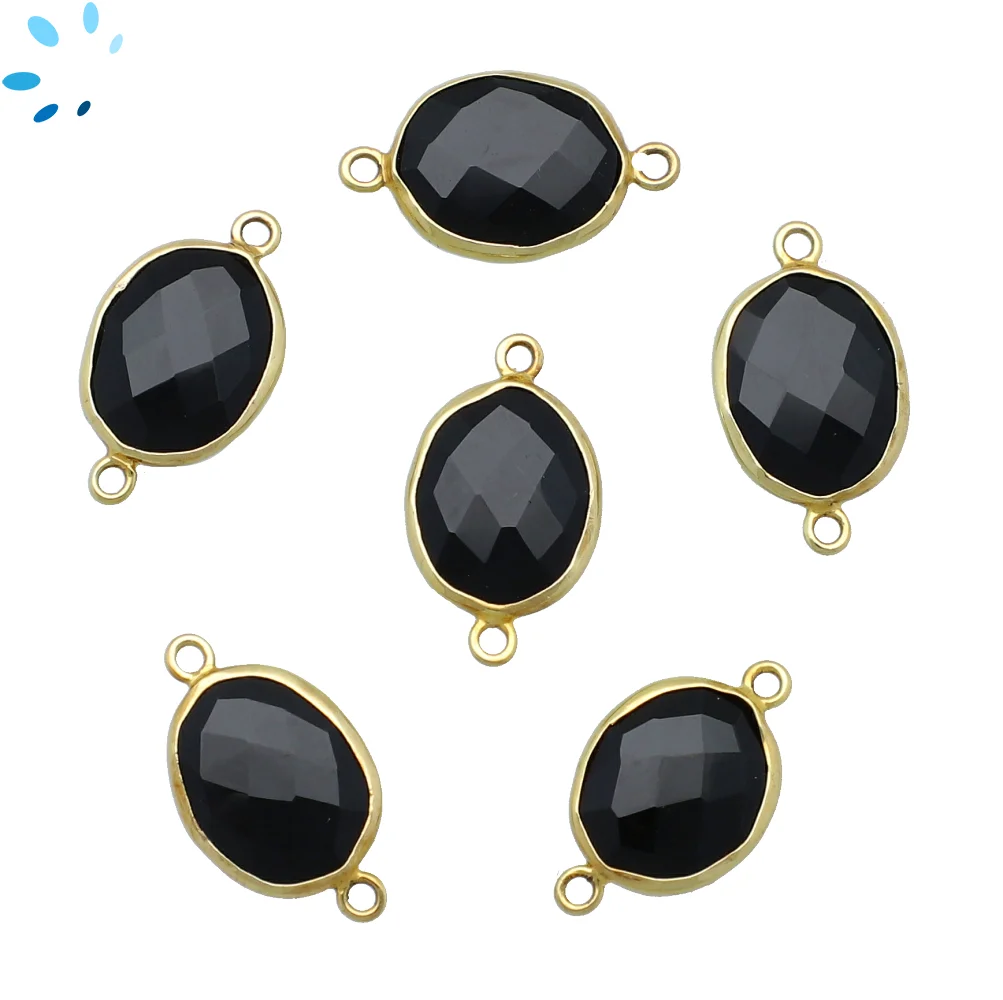 Black Onyx Oval Nugget Bezel Connector 15x12mm - 18k Gold Plated Sterling Silver - Set of 4