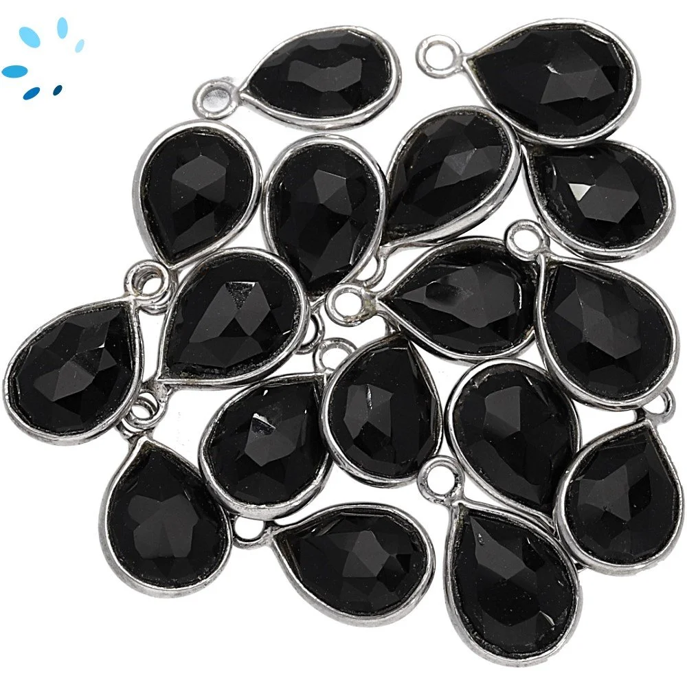 Black Onyx Pear Bezel Charm Pendant 9x7mm - Platinum Plated Sterling Silver - Set of 4