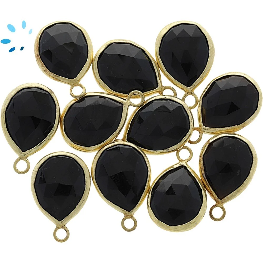 Black Onyx Pear Bezel Pendant Charm 15x12mm - 18k Gold Plated Sterling Silver - Set of 4