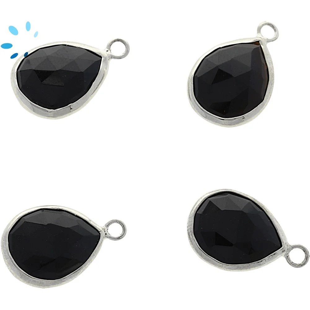 Black Onyx Pear Bezel Pendant Charm 15x12mm - Platinum Plated Sterling Silver - Set of 4