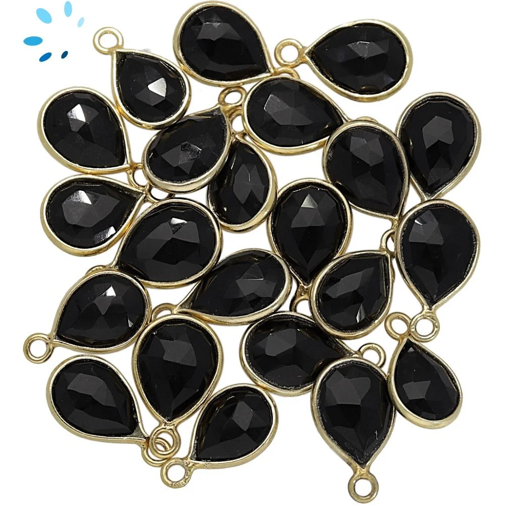 Black Onyx Pear Bezel Pendant Charm 9x7mm - 18k Gold Plated Sterling Silver - Set of 4