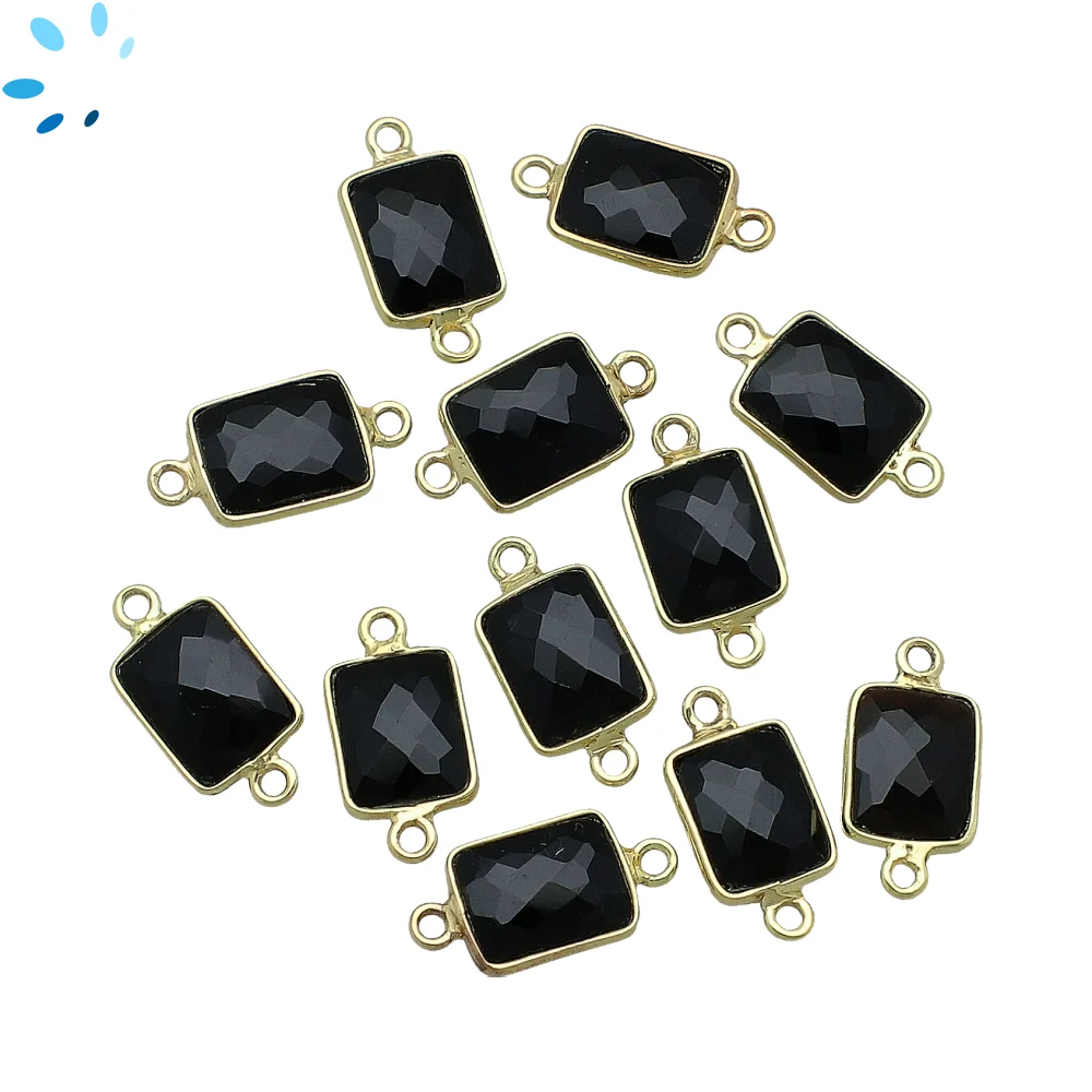 Black Onyx Rectangle Bezel Connector 11x9mm - 18k Gold Plated Sterling Silver - Set of 4