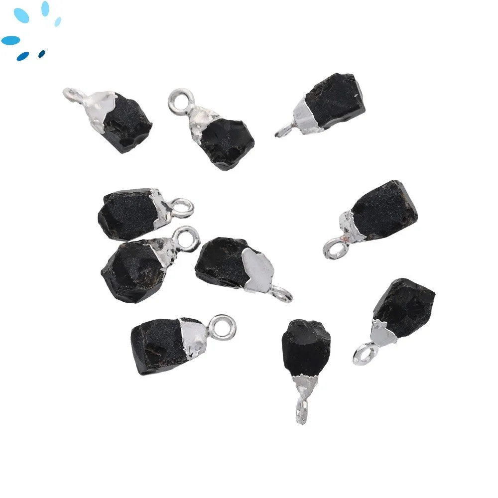 Black Onyx Rough Charm Pendant 8x5mm - 10x7mm Silver Electroplated - Set of 4
