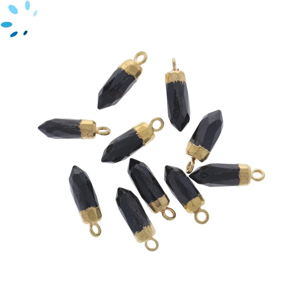 Black Onyx Spike Pendant Charm 13x5mm 18k Gold Electroplated - Set of 4