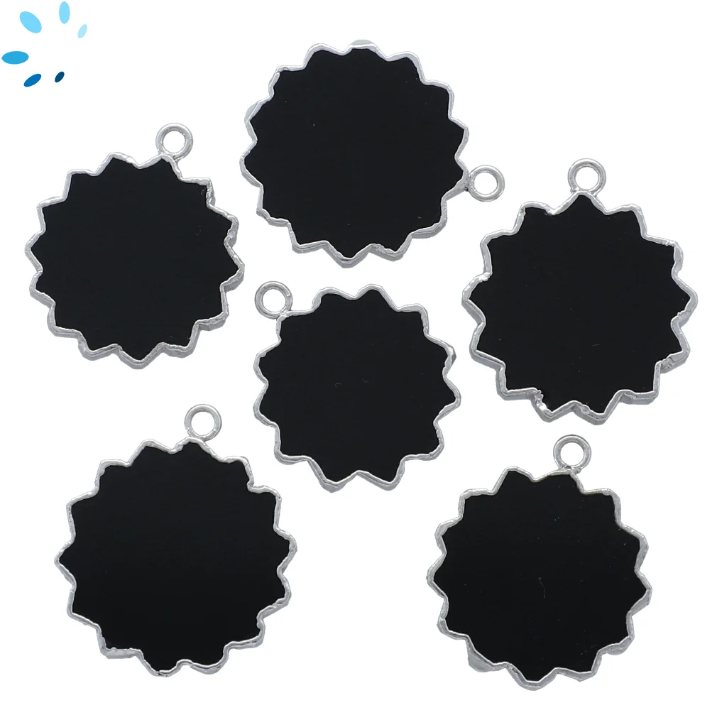 Black Onyx Sun Charm Pendant 18mm Silver Electroplated - Set of 2