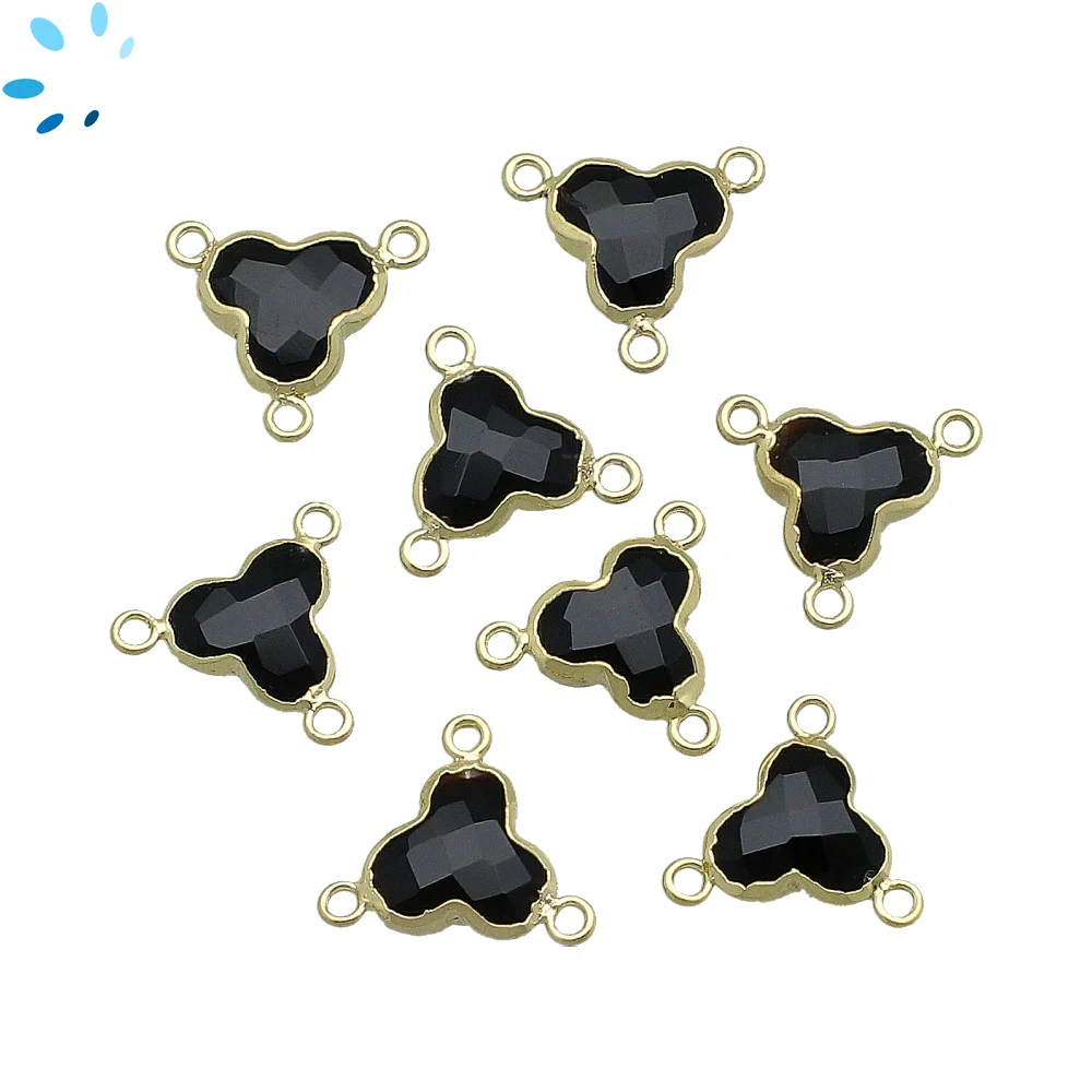 Black Onyx Trefoil Connector 10mm 18k Gold Electroplated - Set of 4