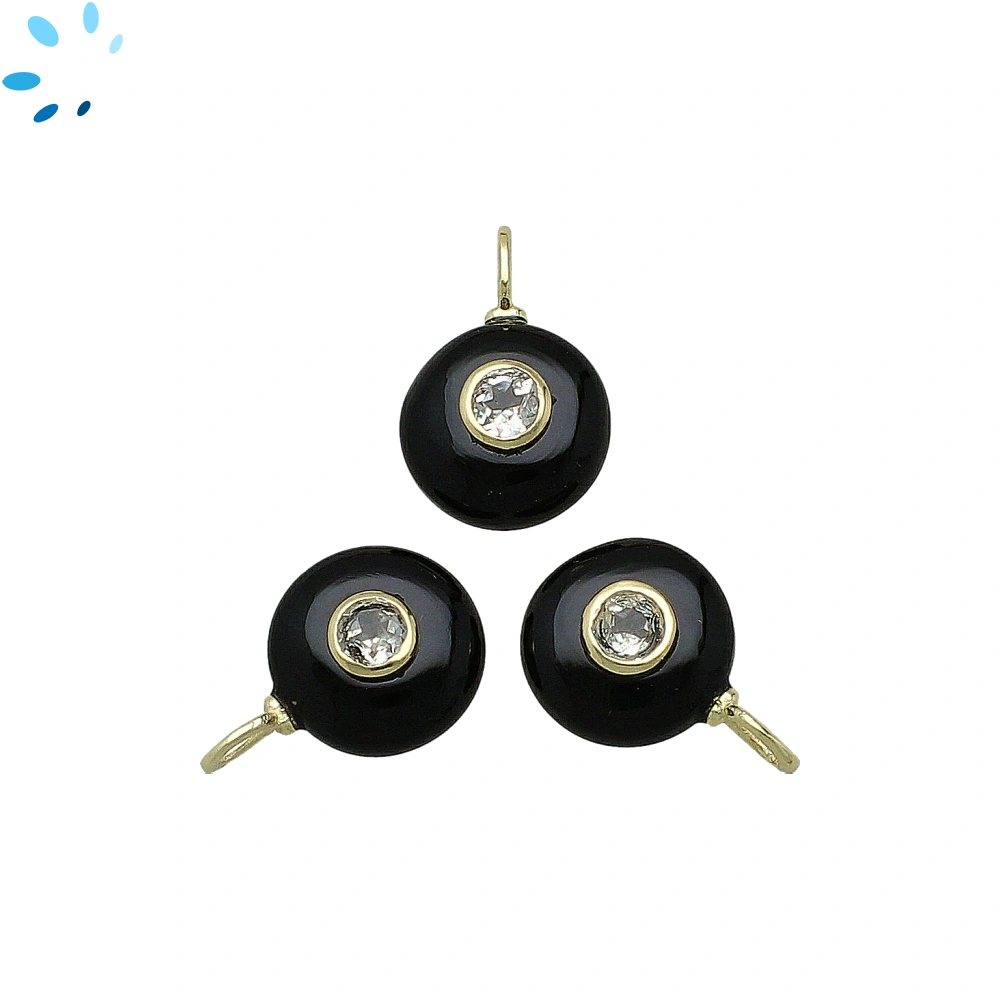 Black Onyx & White Topaz Round Inlay Charm Pendant 12mm - 18k Gold Plated Sterling Silver - 1 Piece