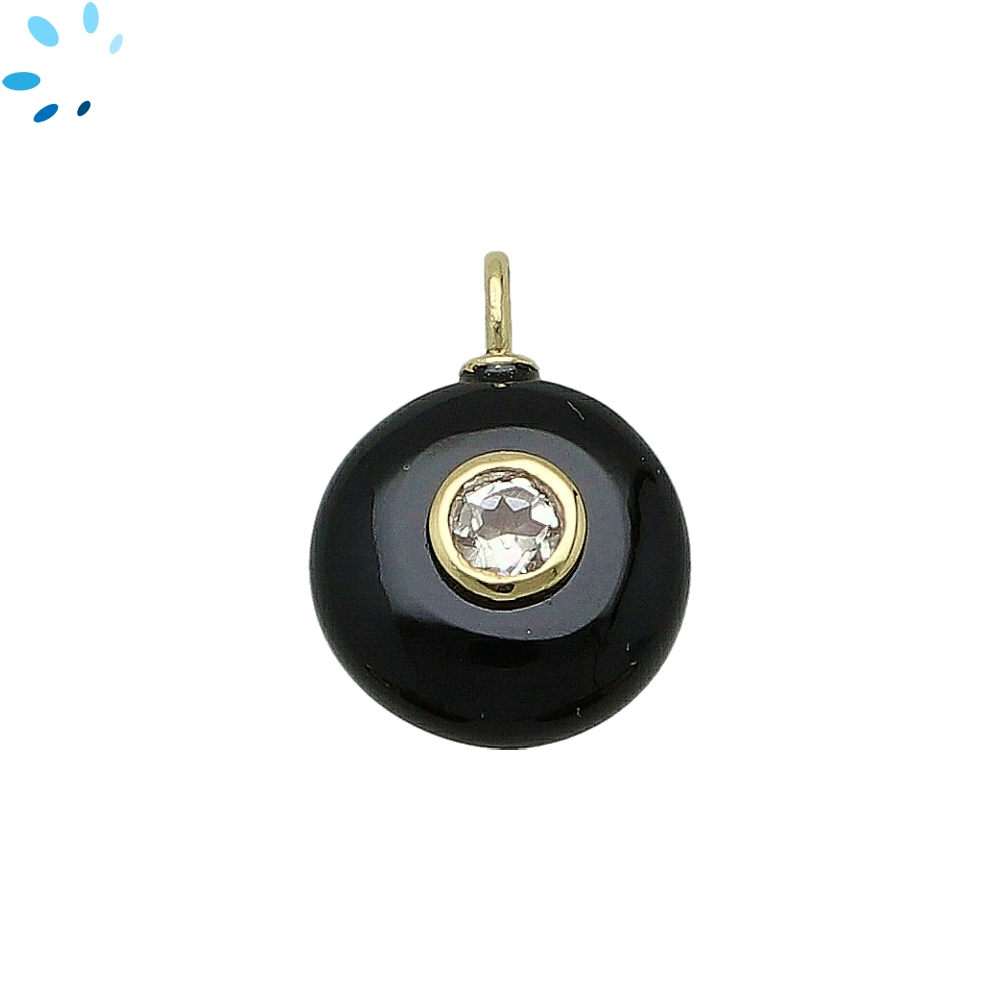 Black Onyx & White Topaz Round Inlay Charm Pendant 16mm - 18k Gold Plated Sterling Silver