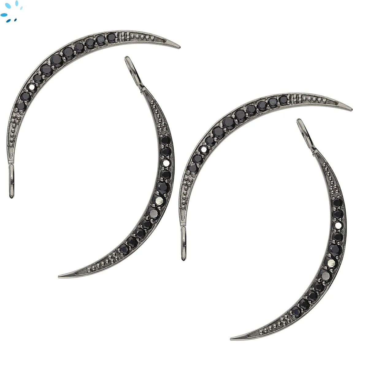 Black Spinel Moon Bezel Pendant Charm 38x14mm - Rhodium Plated Sterling Silver