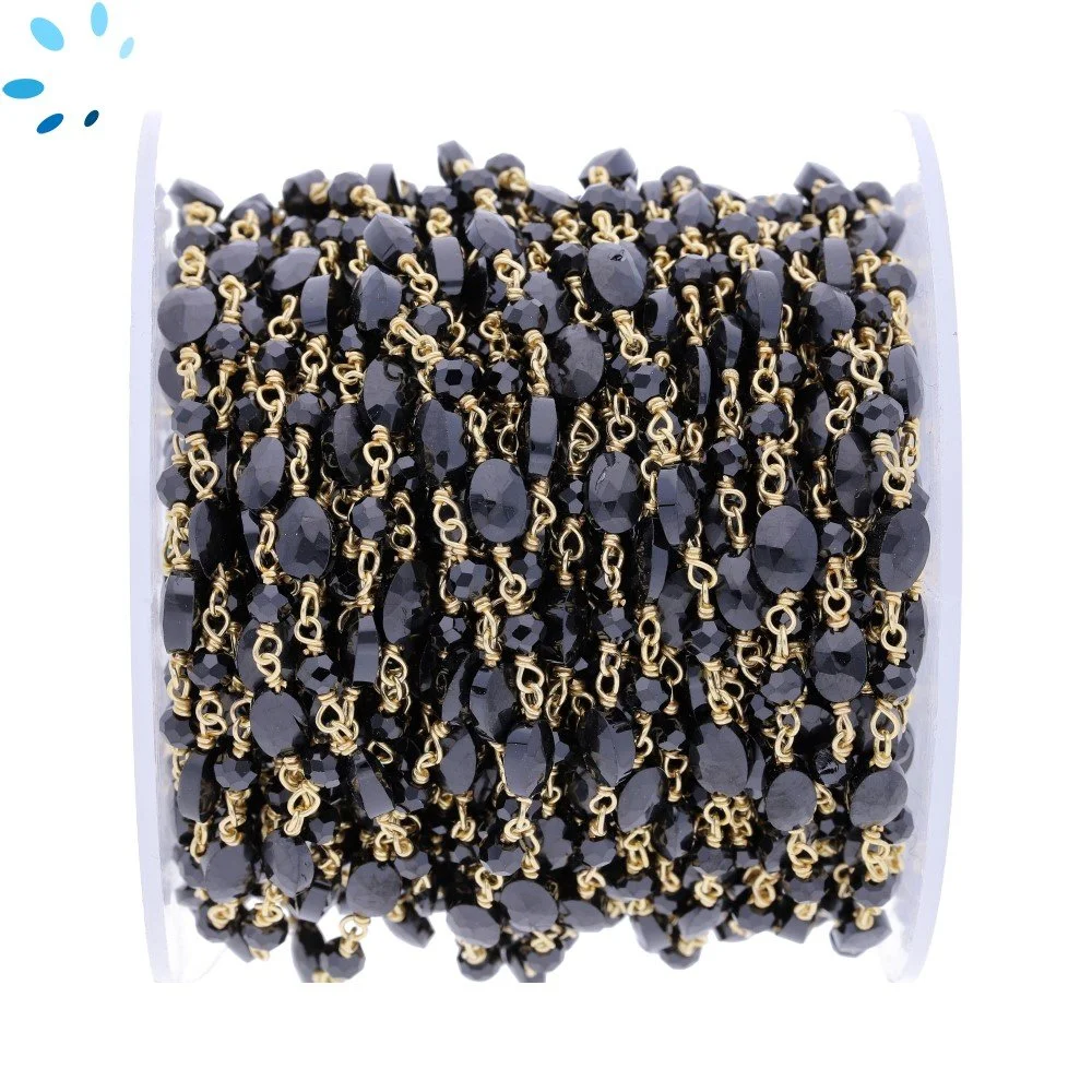 Black Spinel Oval & Button Sterling Silver Gold Plated Rosary Style Beaded Chain Per Foot