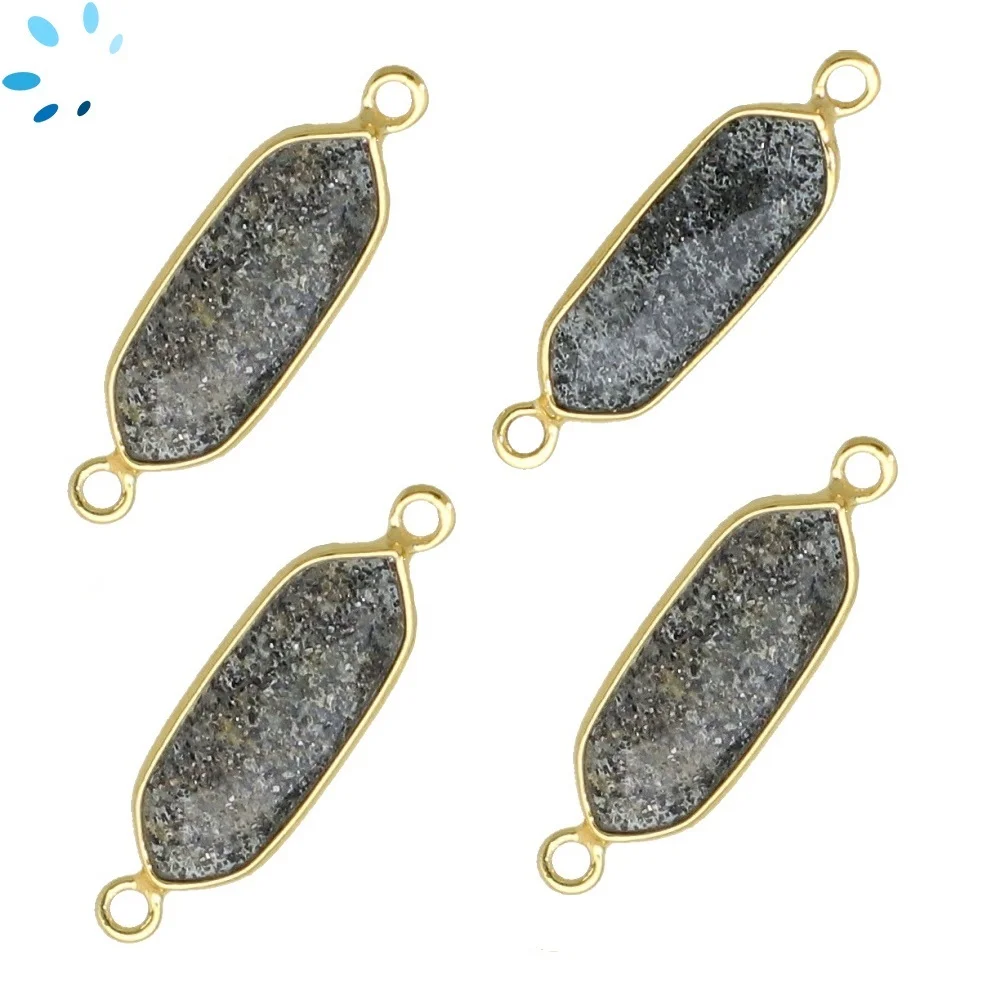 Black Sunstone Elongated Hexagon Bezel Connector 16x7 - 18x8mm - 18k Gold Plated Sterling Silver - Set of 4