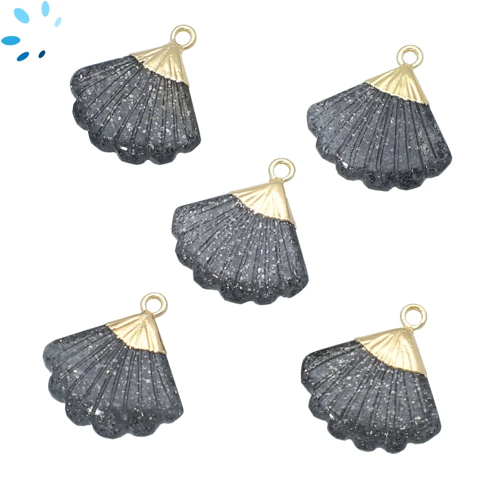 Black Sunstone Fan Charm Pendant 19x17mm 18k Gold Electroplated - Set of 2