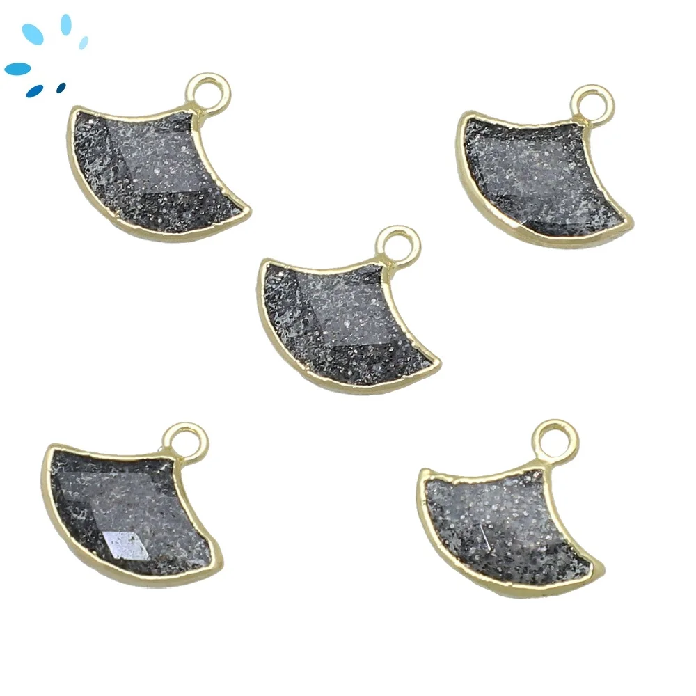 Black Sunstone Fan Pendant Charm 15x10mm 18k Gold Electroplated - Set of 2