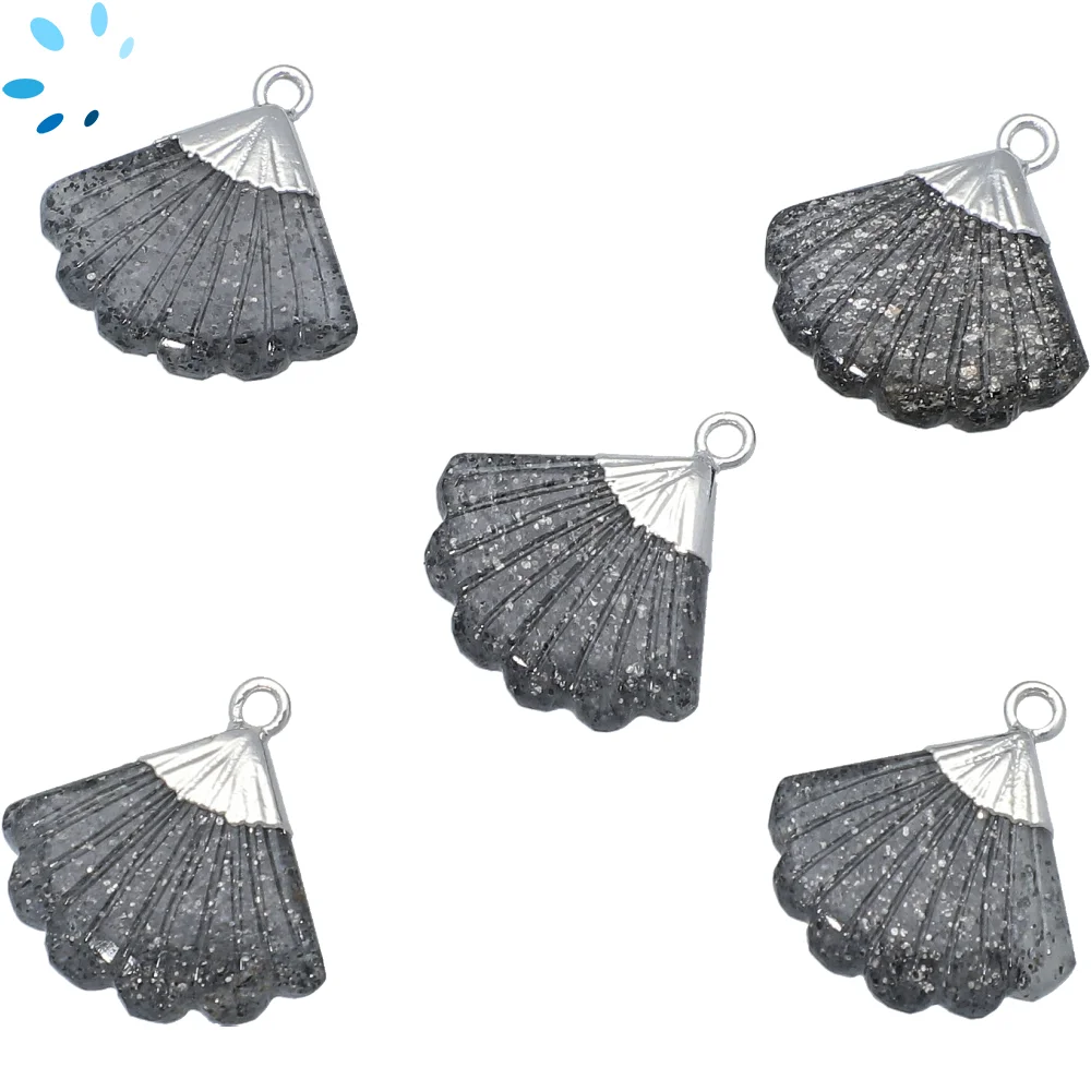 Black Sunstone Fan Pendant Charm 19x17mm Platinum Electroplated - Set of 2