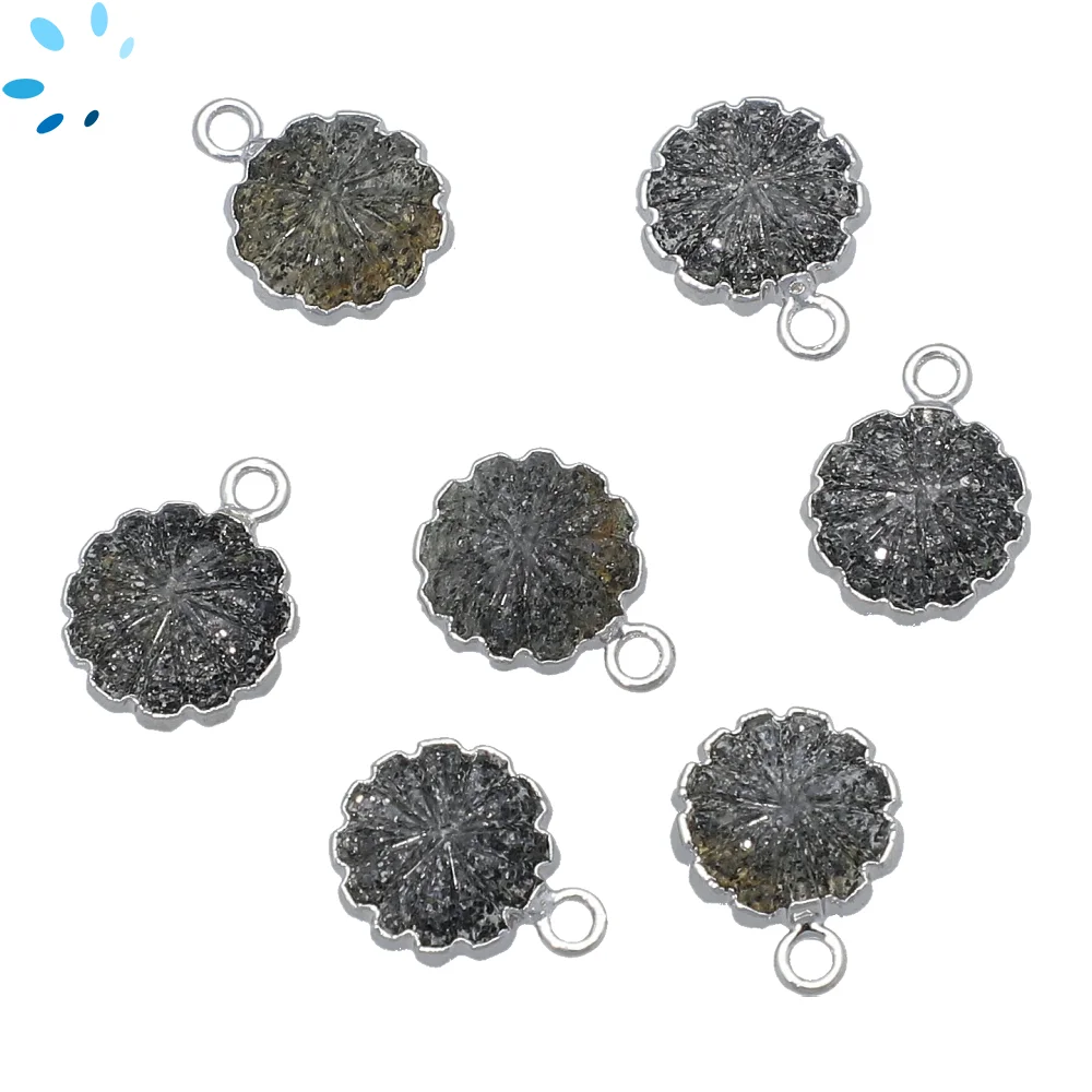 Black Sunstone Flower Pendant Charm 11mm Silver Electroplated - Set of 4