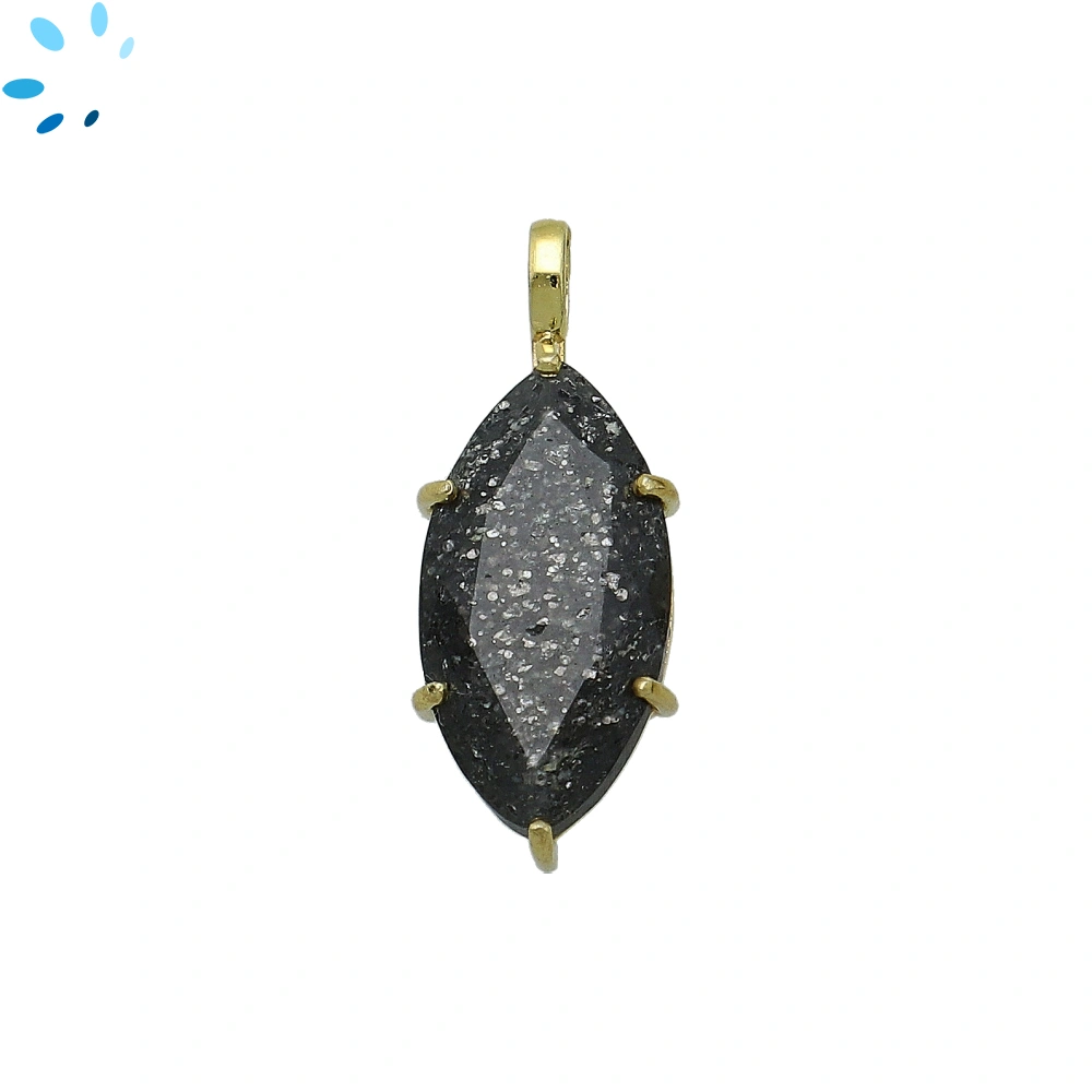 Black Sunstone Marquise Prong-Set Pendant Charm 22x11mm - 18k Gold Plated Sterling Silver - 1 Piece 
