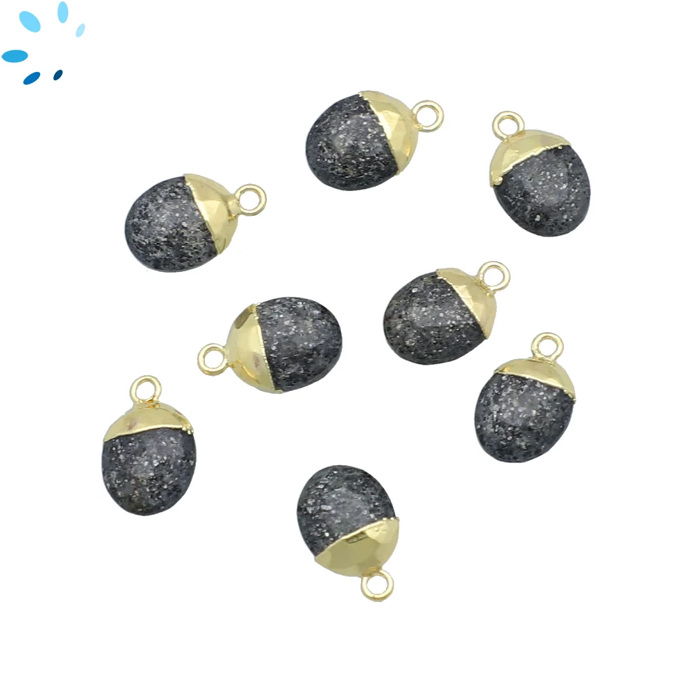 Black Sunstone Oval Charm Pendant 10x8mm 18k Gold Electroplated - Set of 4
