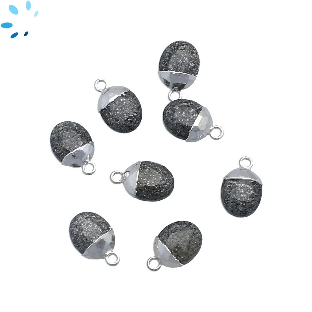 Black Sunstone Oval Pendant Charm 10x8mm Platinum Electroplated - Set of 4