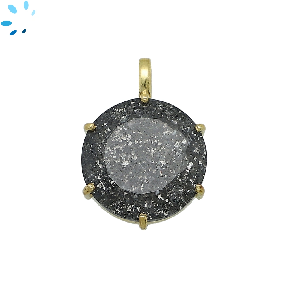 Black Sunstone Round Prong-Set Pendant Charm 17mm - 18k Gold Plated Sterling Silver - 1 Piece