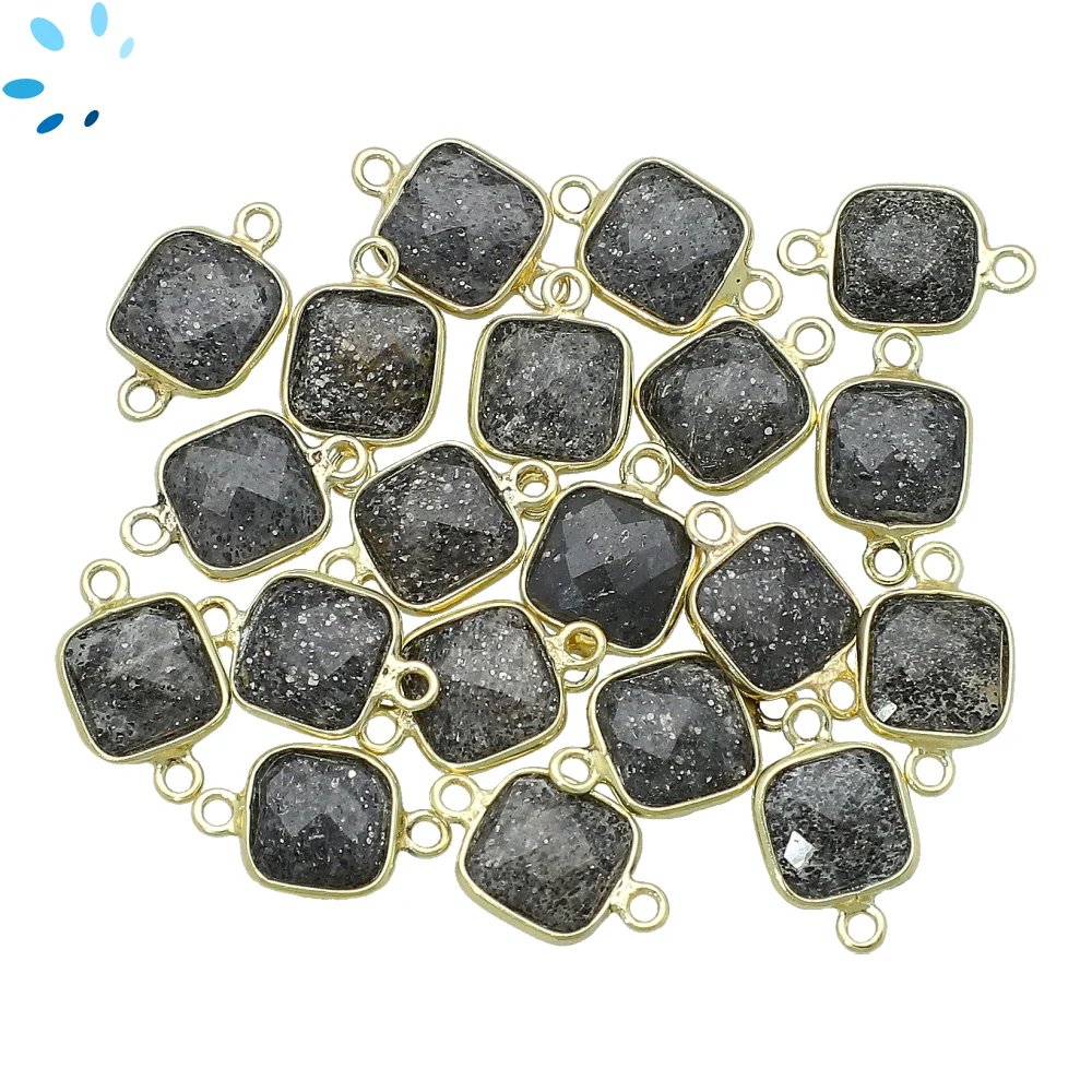 Black Sunstone Square Bezel Connector 8mm - 18k Gold Plated Sterling Silver - Set of 4