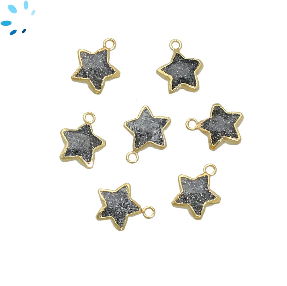 Black Sunstone Star Pendant Charm 10mm 18k Gold Electroplated - Set of 8