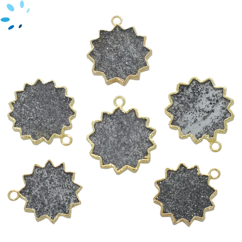 Black Sunstone Sun Pendant Charm 18mm 18k Gold Electroplated - Set of 2