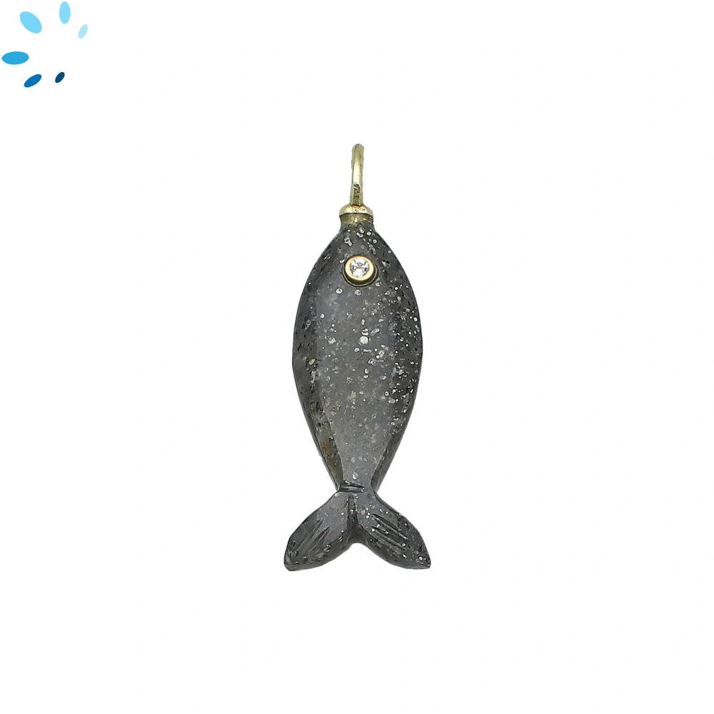Black Sunstone & White Topaz Vertical Elongated Fish Inlay Pendant Charm 25x9mm - 18k Gold Plated Sterling Silver