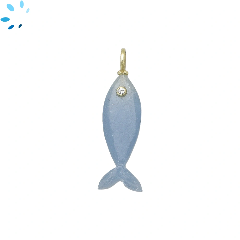 Blue Agate & White Topaz Vertical Elongated Fish Inlay Pendant Charm 25x9mm - 18k Gold Plated Sterling Silver