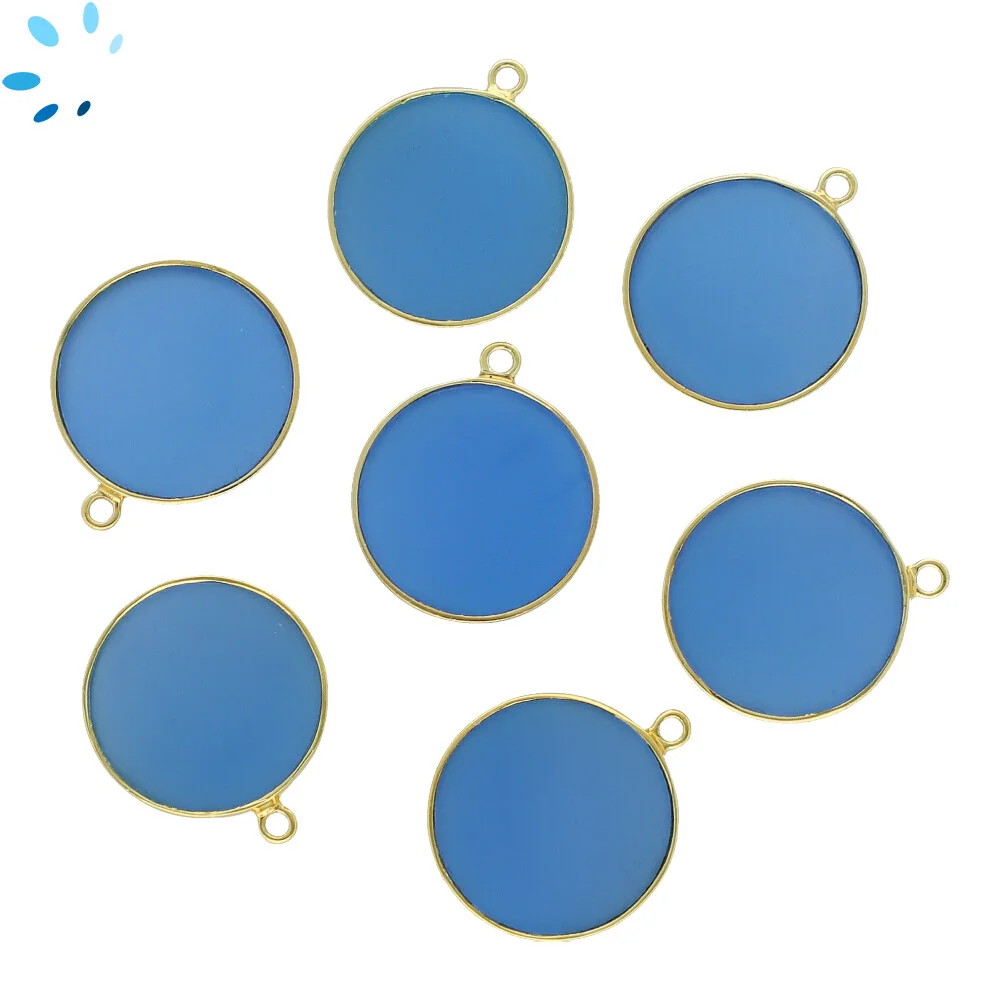 Blue Chalcedony Coin Bezel Charm Pendant 19mm - 18k Gold Plated Sterling Silver - Set of 2