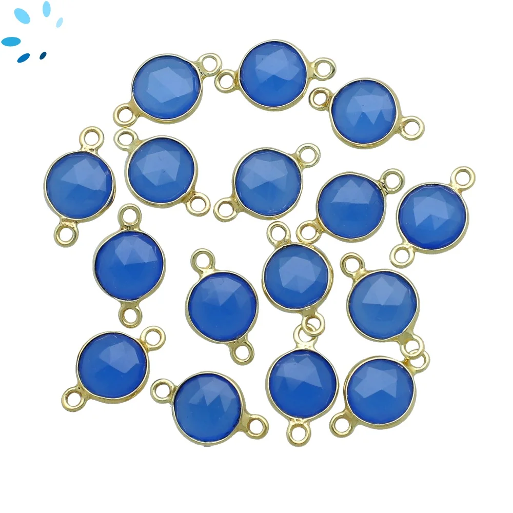 Blue Chalcedony Coin Bezel Connector 8mm - 18k Gold Plated Sterling Silver - Set of 4