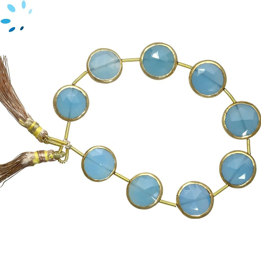 Blue Chalcedony Faceted Coin Bezel Set Beads 12mm Center Drilled - 18k Gold Plated Sterling Silver