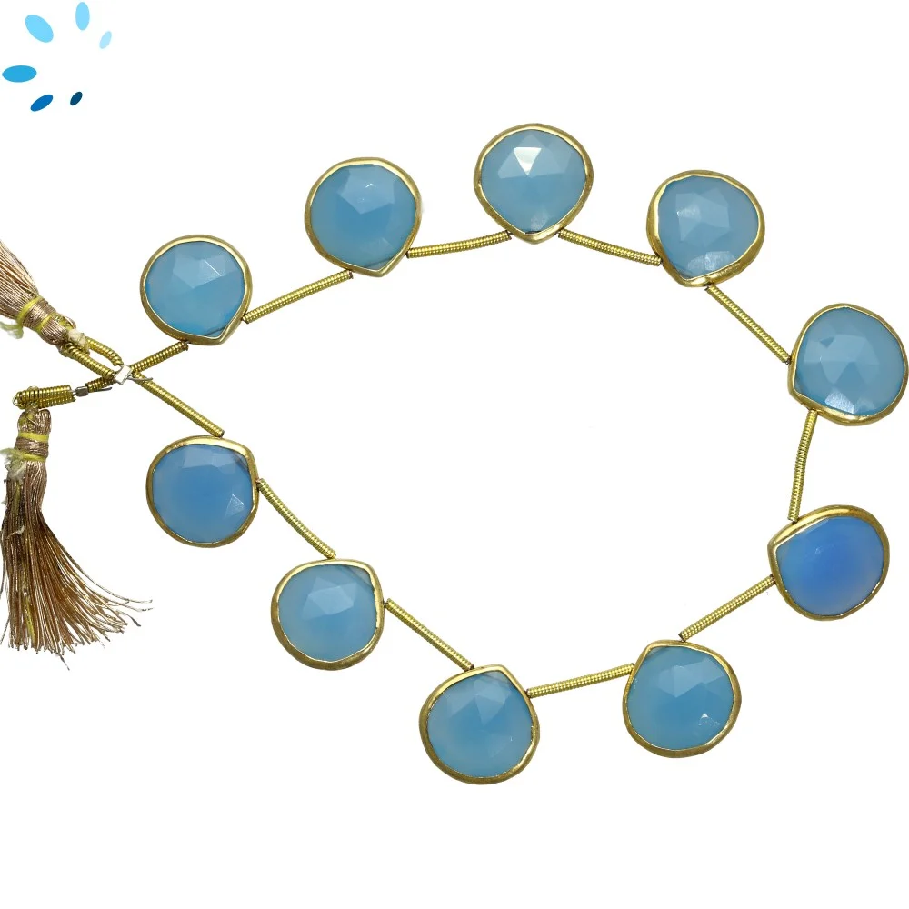 Blue Chalcedony Faceted Heart Bezel Set Beads 13mm Top Drilled - 18k Gold Plated Sterling Silver