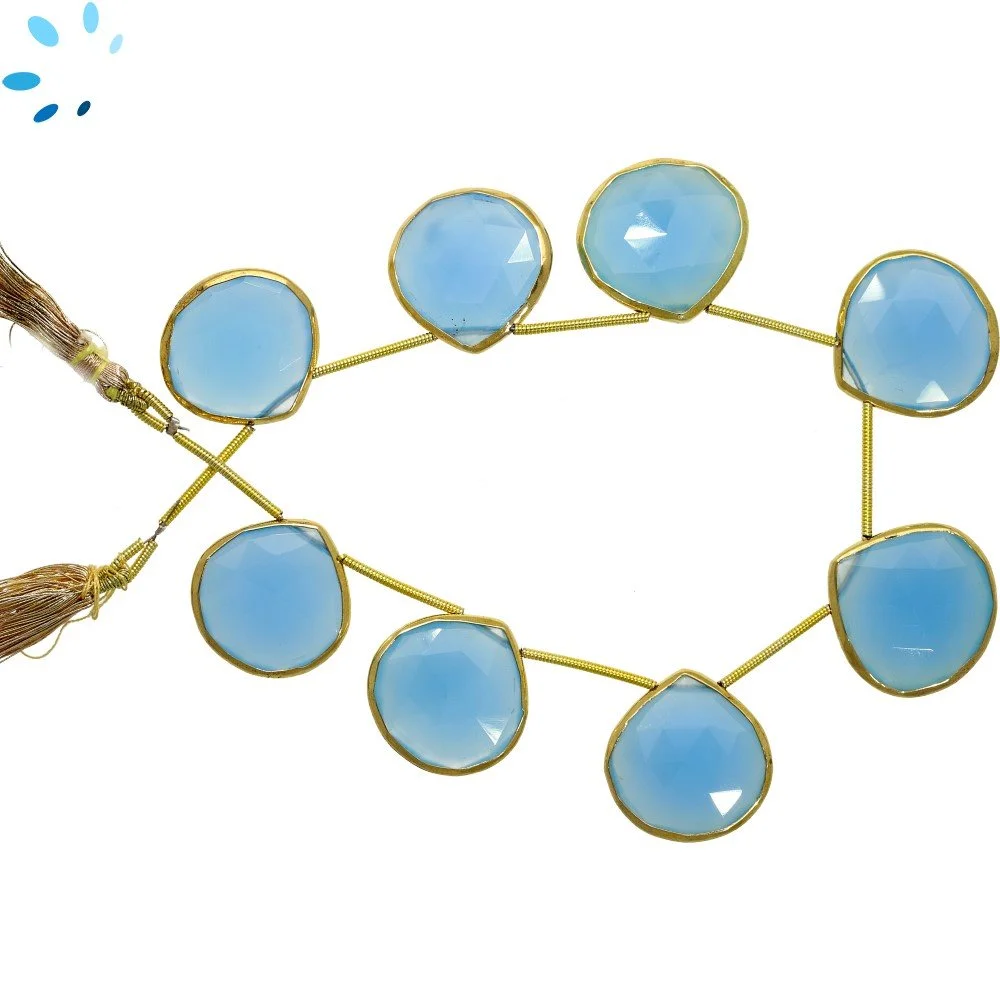Blue Chalcedony Faceted Heart Bezel Set Beads 19mm Top Drilled - 18k Gold Plated Sterling Silver