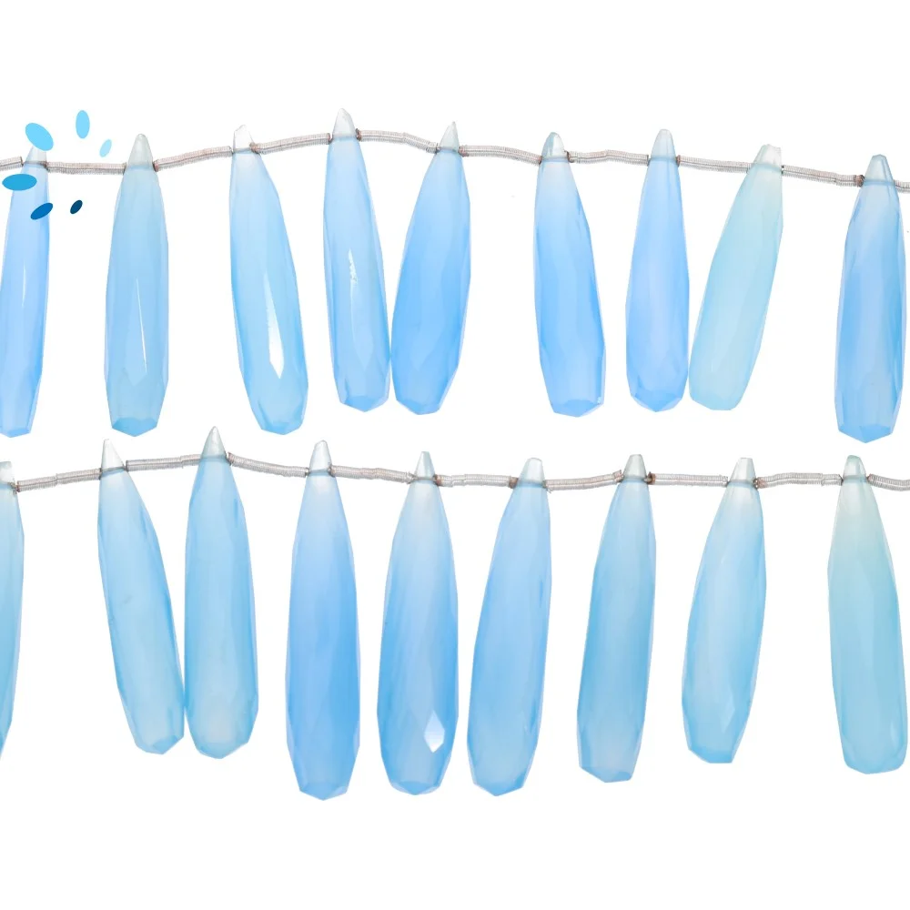 Blue Chalcedony Faceted Long Drop Top Drilled Beads 24x7 - 30x8mm - 8 Inch Strand