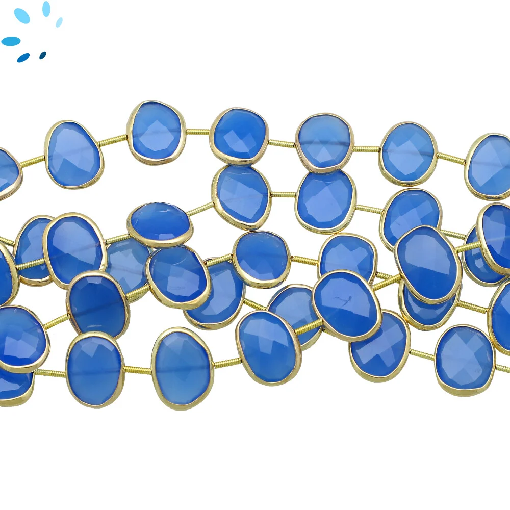 Blue Chalcedony Faceted Nuggets Bezel Set Beads 15x12mm Center Drilled - 18k Gold Plated Sterling Silver