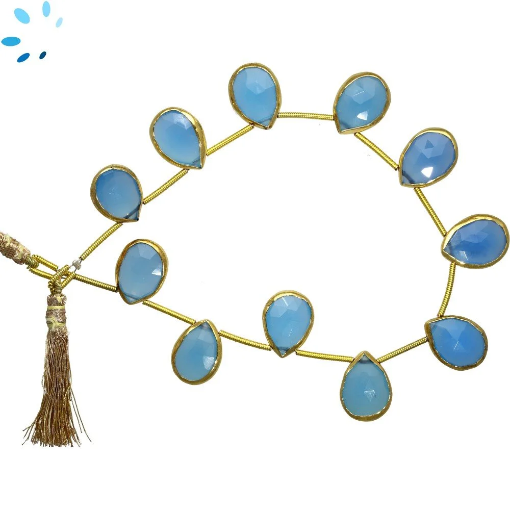 Blue Chalcedony Faceted Pear Bezel Set Beads 12x9mm Top Drilled - 18k Gold Plated Sterling Silver