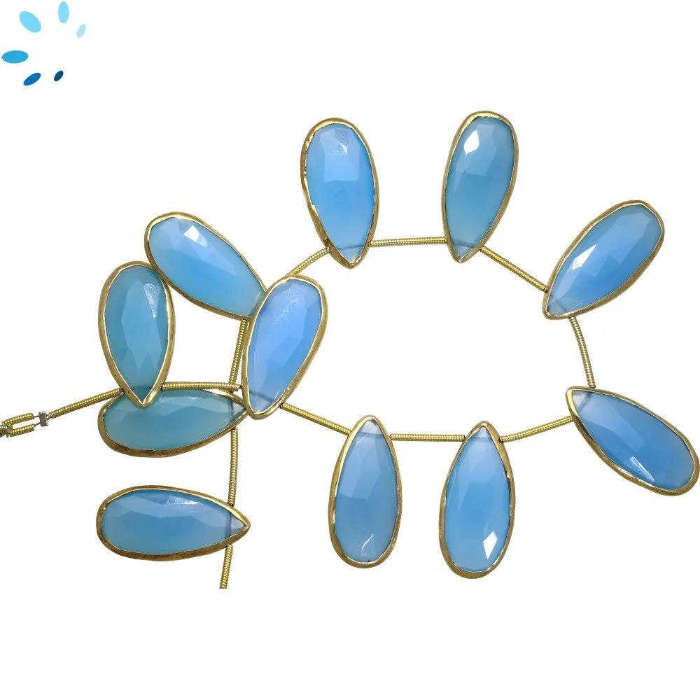 Blue Chalcedony Faceted Pear Bezel Set Beads 24x12 - 28x14mm Top Drilled - 18k Gold Plated Sterling Silver