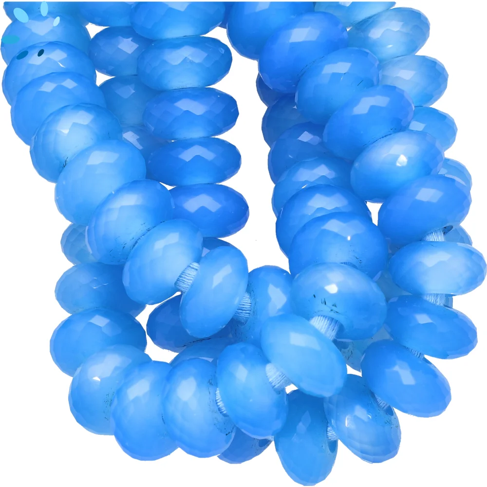 Blue Chalcedony Faceted Rondelle Center Drilled Beads 14mm - 6 Inch Strand