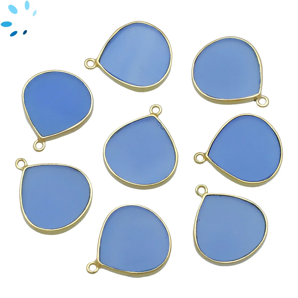 Blue Chalcedony Heart Bezel Pendant Charm 19mm - 18k Gold Plated Sterling Silver - Set of 2