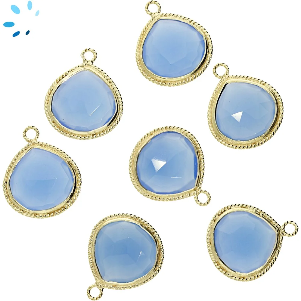 Blue Chalcedony Heart Twisted Wire Bezel Charm Pendant 18mm - 18k Gold Plated Sterling Silver - Set of 2