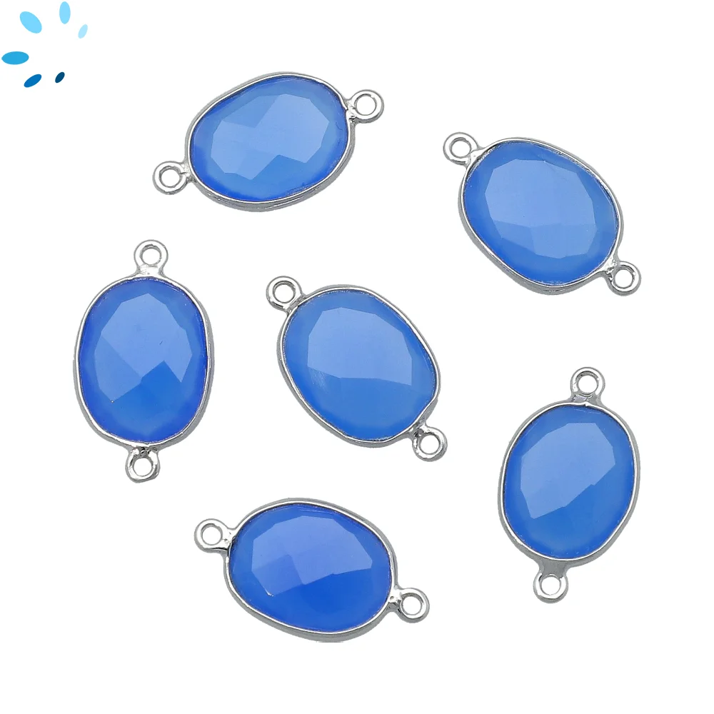 Blue Chalcedony Oval Nugget Bezel Connector 15x12mm - Platinum Plated Sterling Silver - Set of 4
