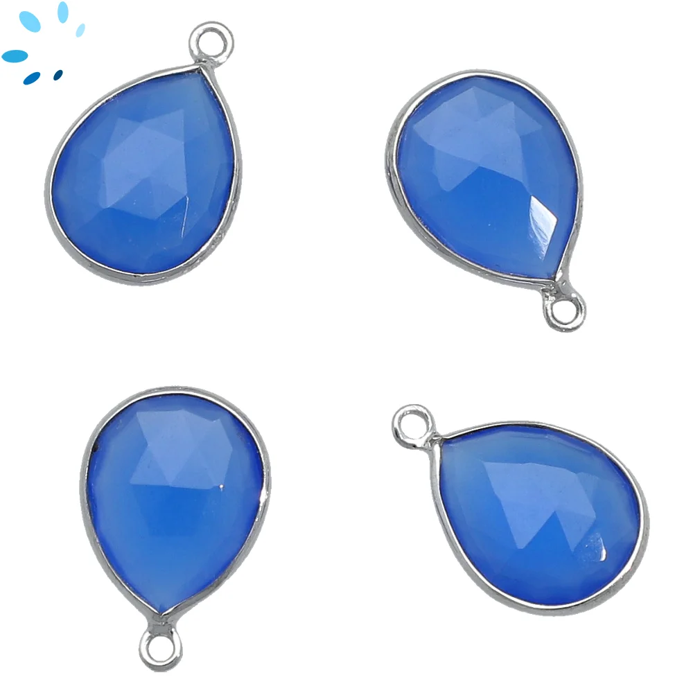 Blue Chalcedony Pear Bezel Pendant Charm 15x12mm - Platinum Plated Sterling Silver - Set of 4