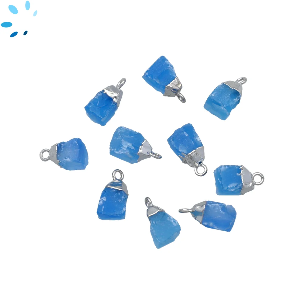 Blue Chalcedony Rough Charm Pendant 8x5 - 10x7mm Silver Electroplated - Set of 4